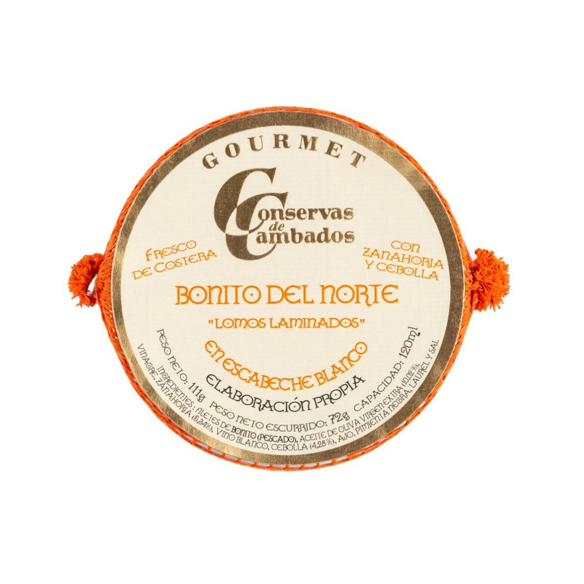 Lata tradicional envuelta en red, ideal al comprar bonito escabeche blanco conservas de cambados.