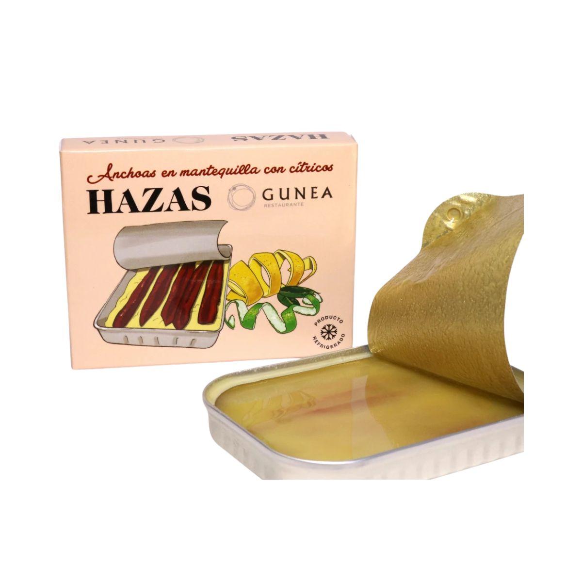 Lata de 85 g de anchoas en mantequilla de cítricos con limón y lima de Conservas Hazas
