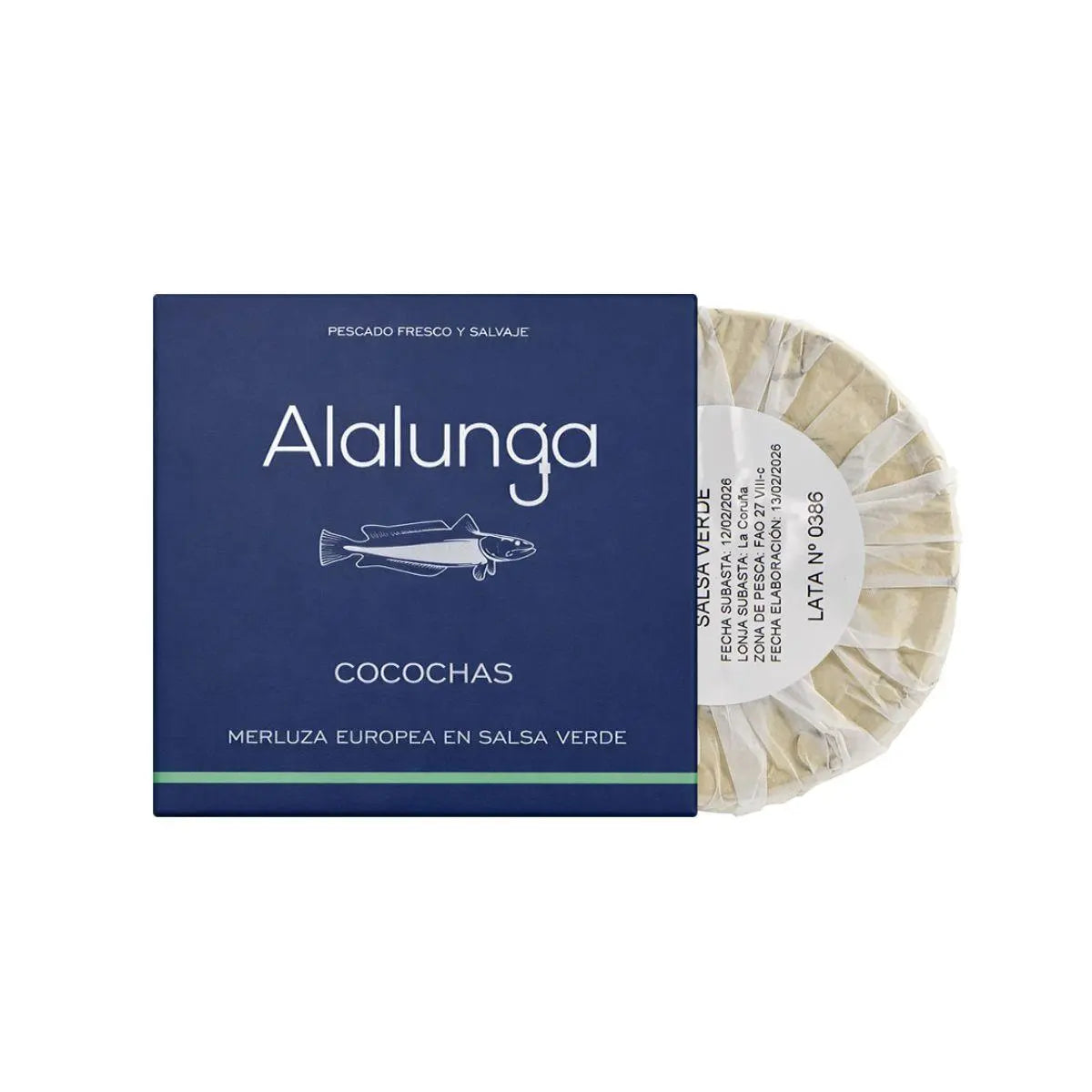 Lata de cocochas de merluza en salsa verde Conservas Alalunga
