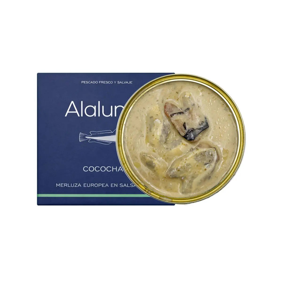 Cocochas de merluza en salsa verde Alalunga, vista interior de la lata
