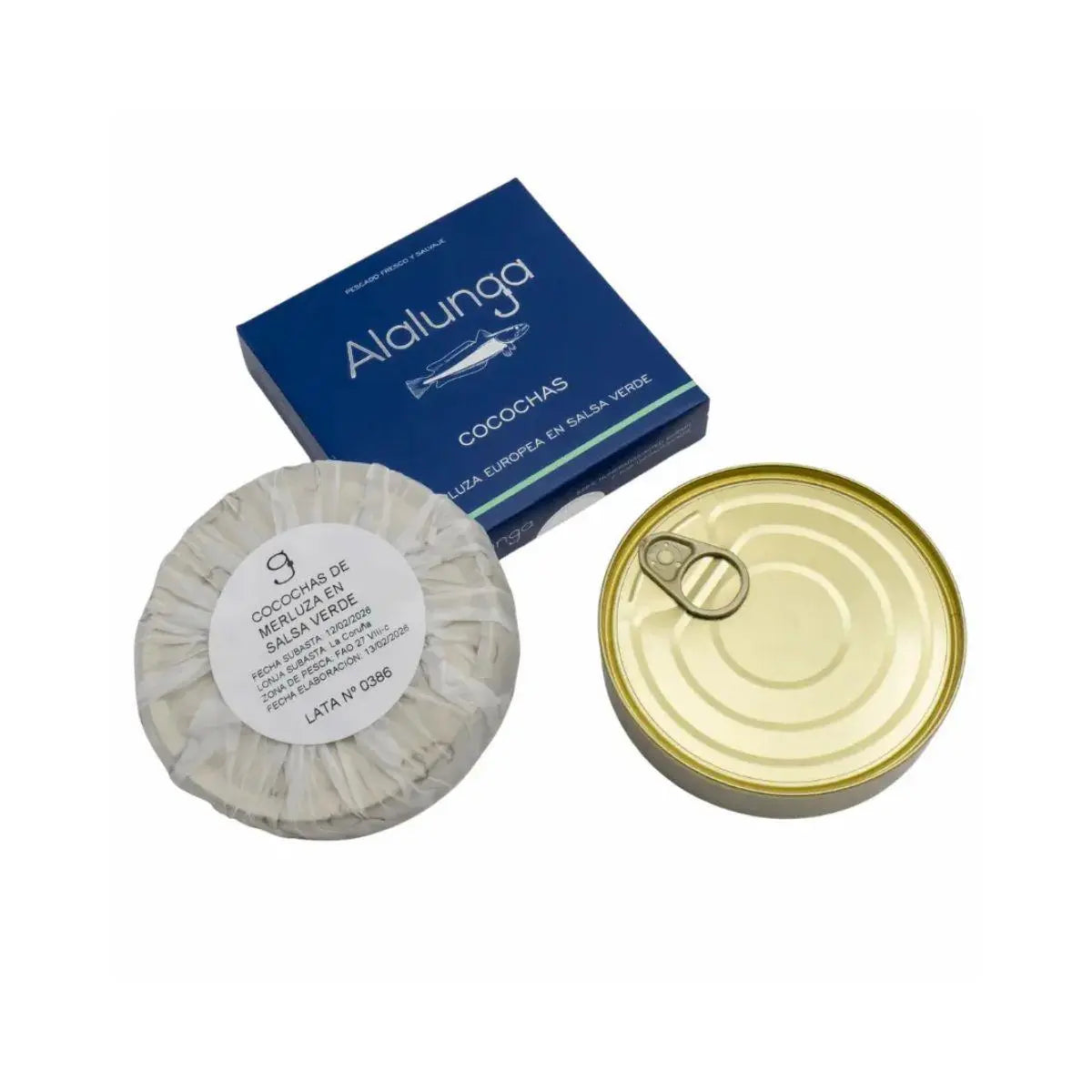 Etiqueta y packaging de conservas Alalunga cocochas de merluza
