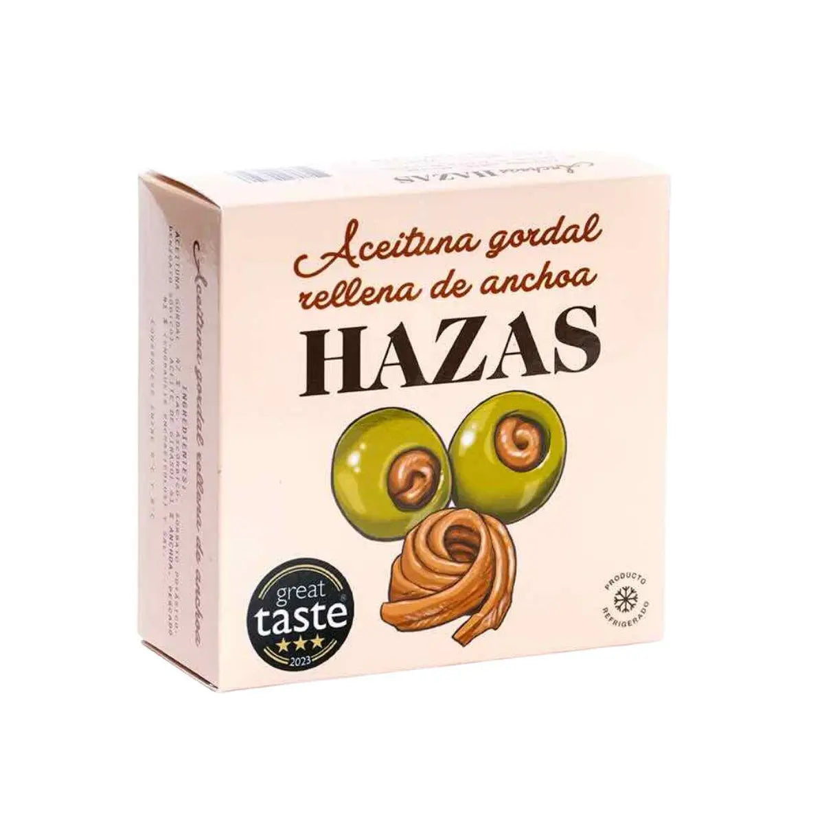 Envase refrigerado perfecto para conservar su frescura al comprar aceitunas rellenas de anchoas hazas.