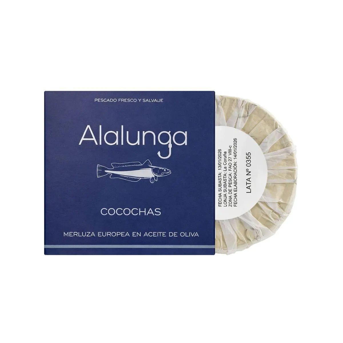 Lata de cocochas de merluza en aceite de oliva Conservas Alalunga

