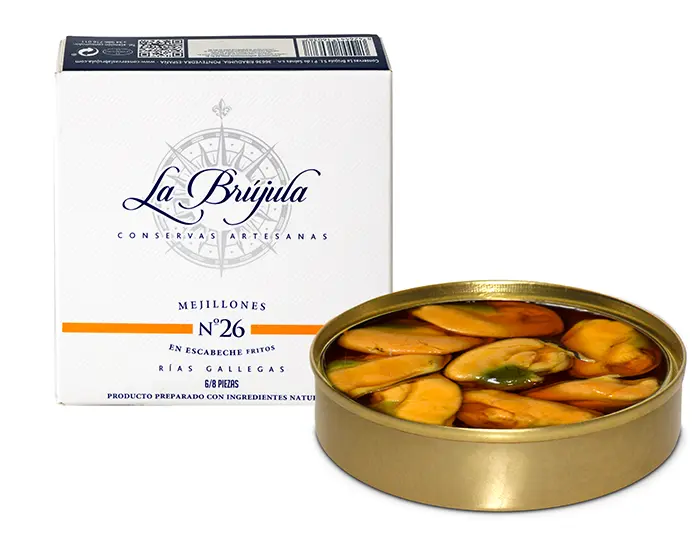 Mejillones fritos en escabeche 6/8 pzas D.O.P | La Brújula Conservas La Brújula