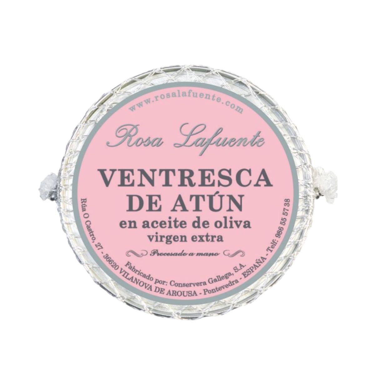 Lata con su clásica malla rosa, la presentación perfecta al comprar ventresca atun rosa lafuente.