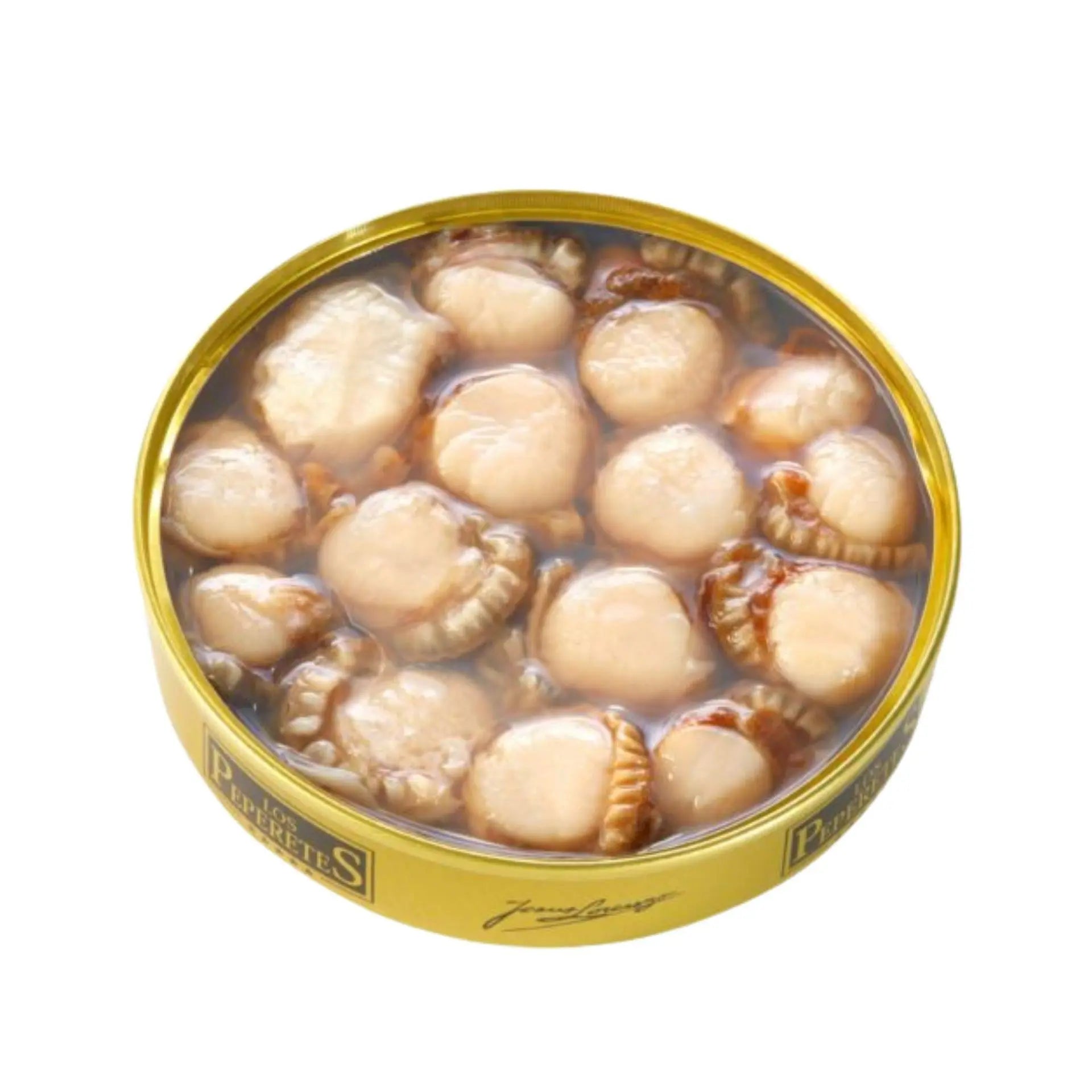 Vista de una lata abierta de zamburiñas al natural conservas peperetes con el marisco limpio y empacado a mano.