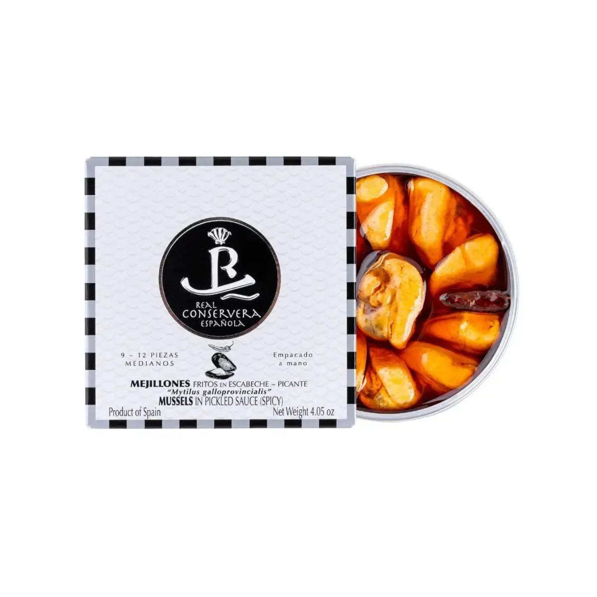 Elegante estuche de diseño premium, la mejor presentación al comprar mejillones picantes real conservera española.